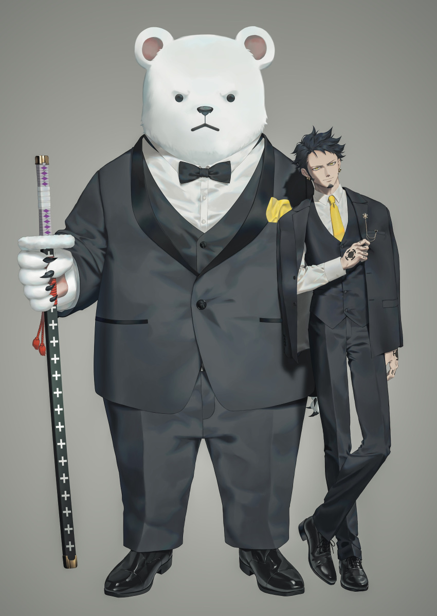 2boys, absurdres, bear, bepo, black_footwear, black_hair, black_jacket, black_pants