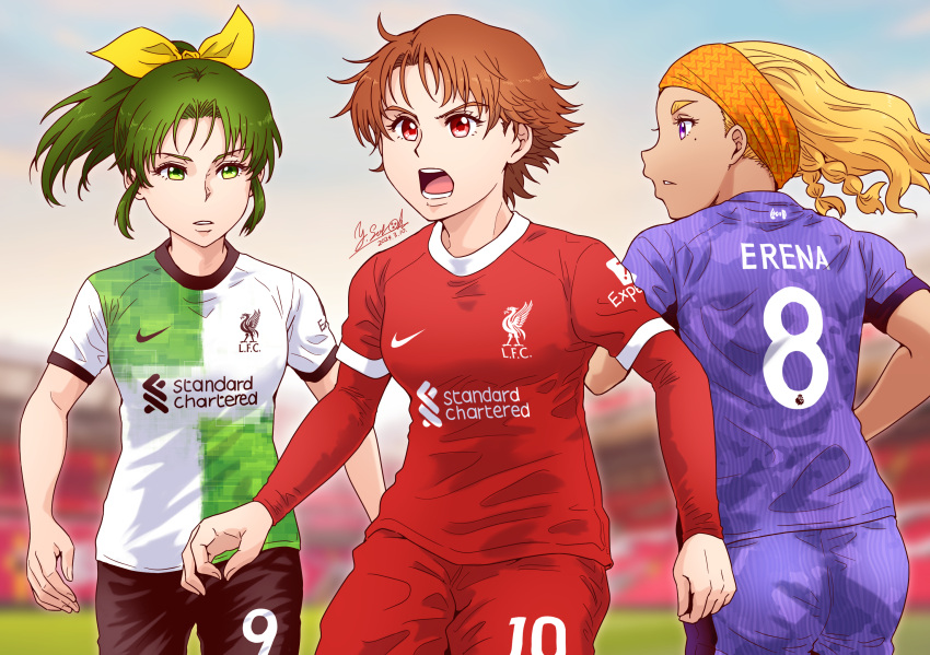 3girls, amamiya_elena, artist_name, black_shorts, blonde_hair, blurry, blurry_background, brown_hair