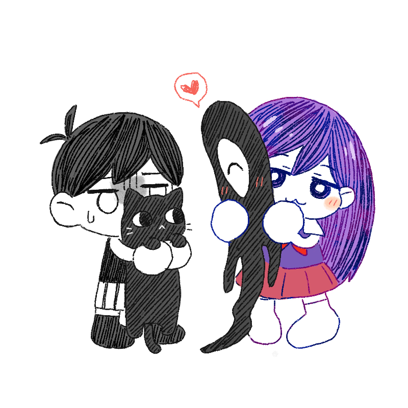 1boy, 1girl, :3, animal, antenna_hair, bare_arms, black_cat, black_socks