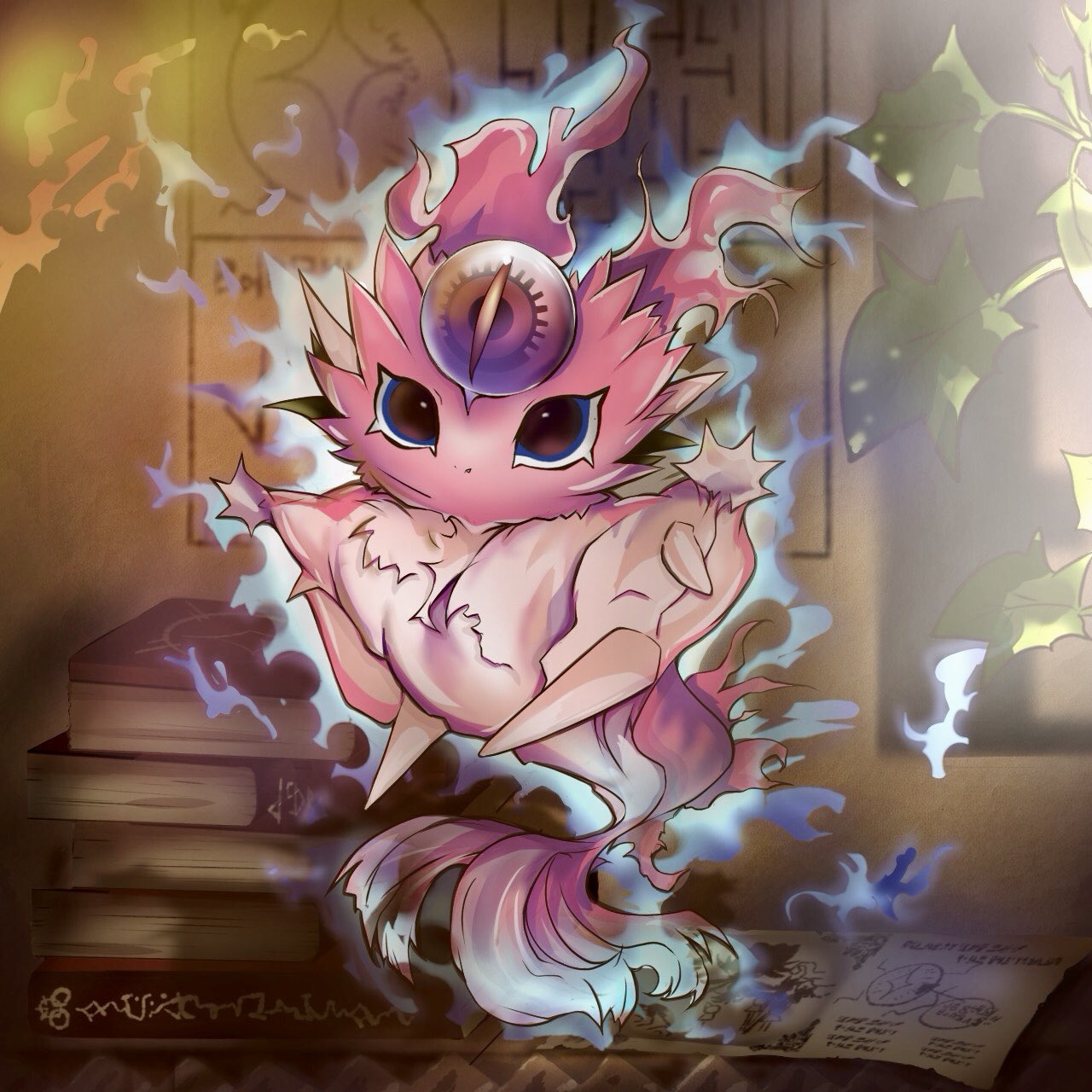 blue_eyes, blue_fire, blurry, blurry_background, book, colored_skin, duel_monster, fire, highres, indoors, looking_up, md_yoru, outstretched_arms, red_skin, snake-eyes_poplar, solo, spread_arms, third_eye, yu-gi-oh!