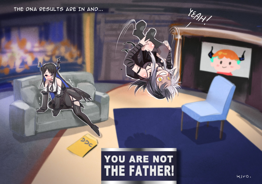 1other, 2girls, :d, =_=, artist_name, asymmetrical_horns, backflip, black_footwear