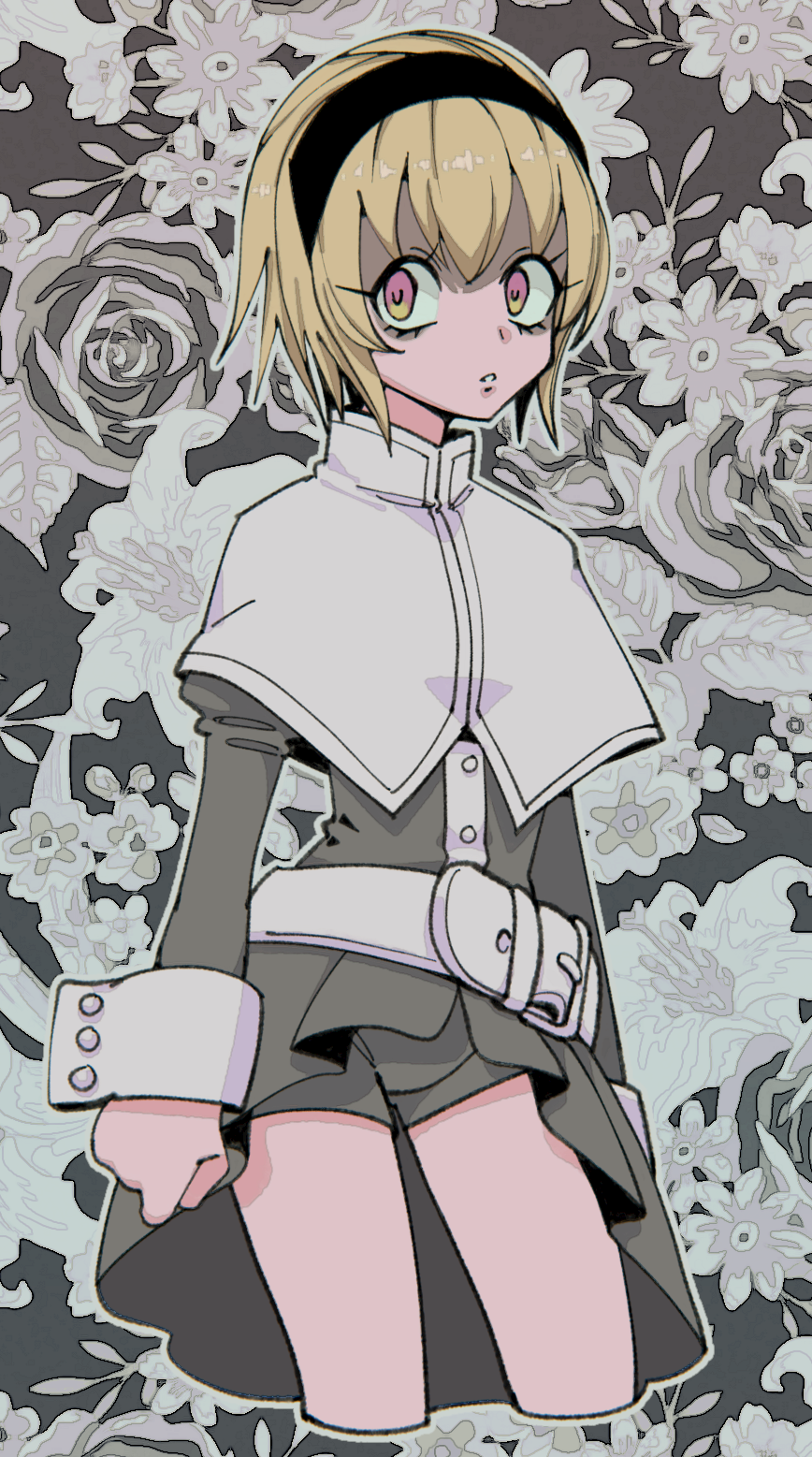 1girl, arms_at_sides, bags_under_eyes, belt, black_dress, black_hairband, blonde_hair, capelet