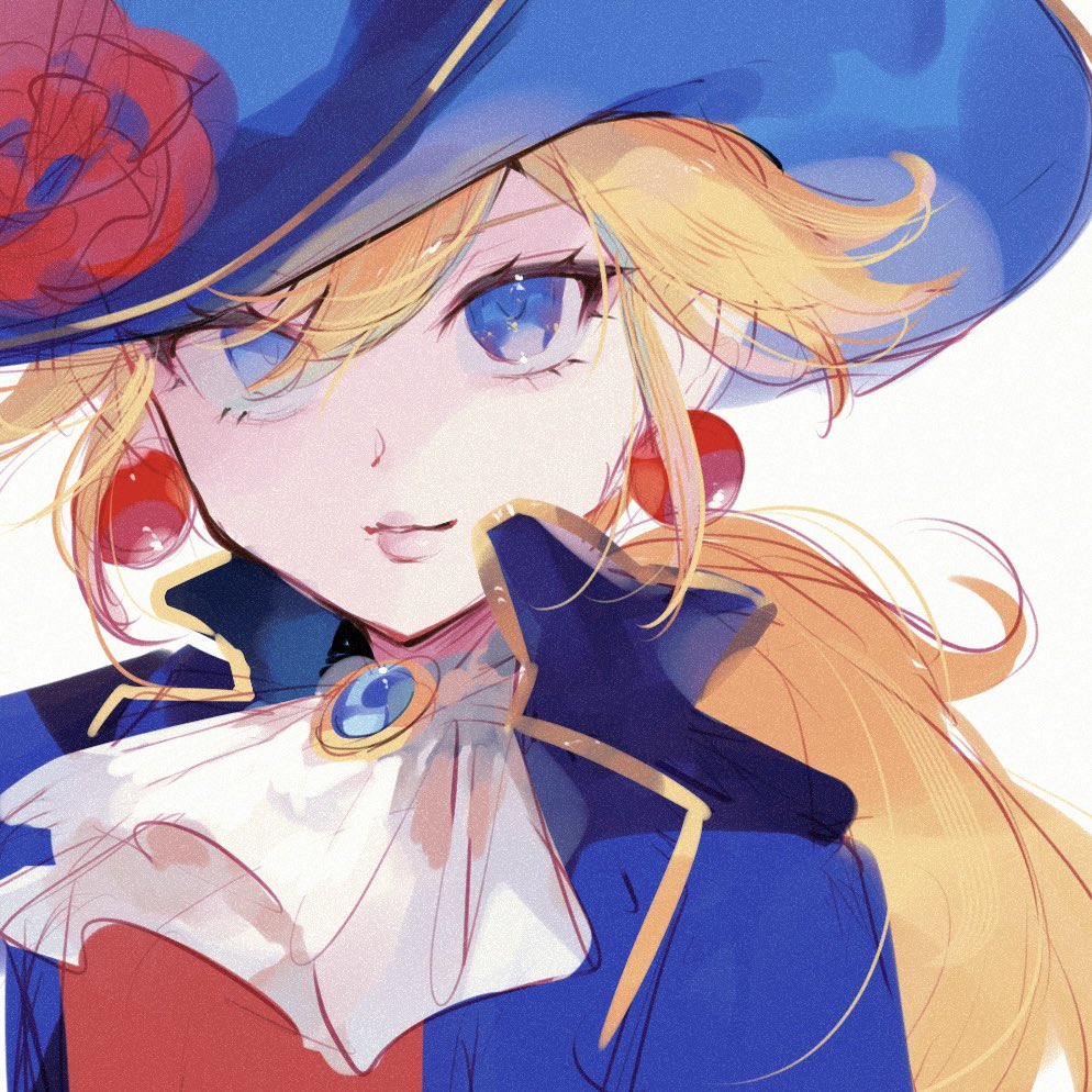 1girl, ascot, blonde_hair, blue_eyes, blue_hat, blue_jacket, closed_mouth, earrings