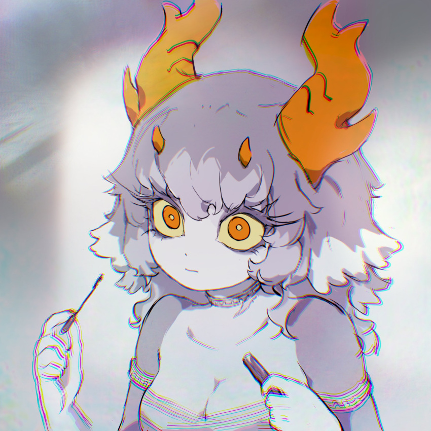 1girl, antlers, armlet, bright_pupils, chest_sarashi, closed_mouth, colored_eyelashes, colored_sclera