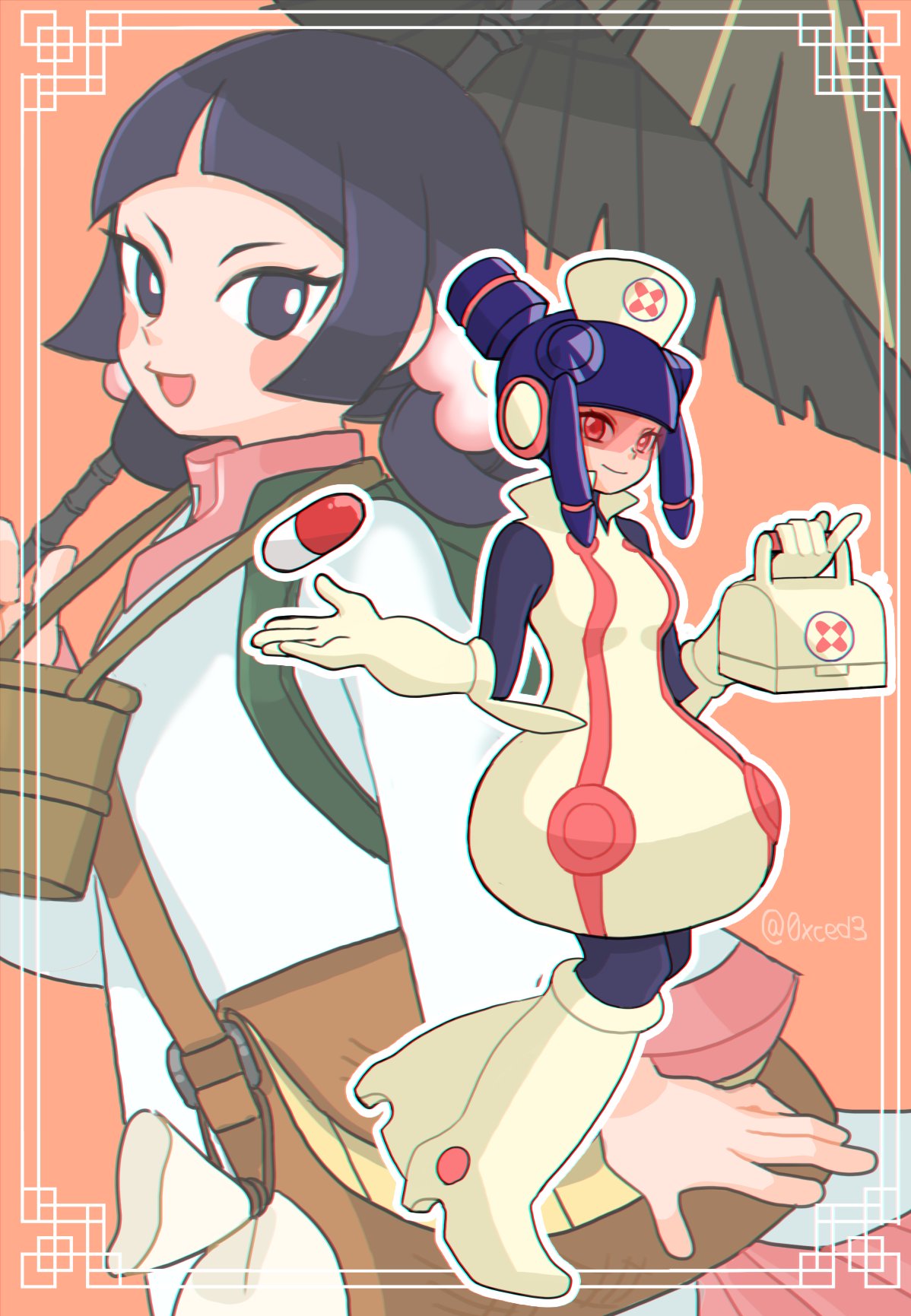 0xced3, 2girls, assault_visor, boots, closed_mouth, dress, gloves, hair_rings
