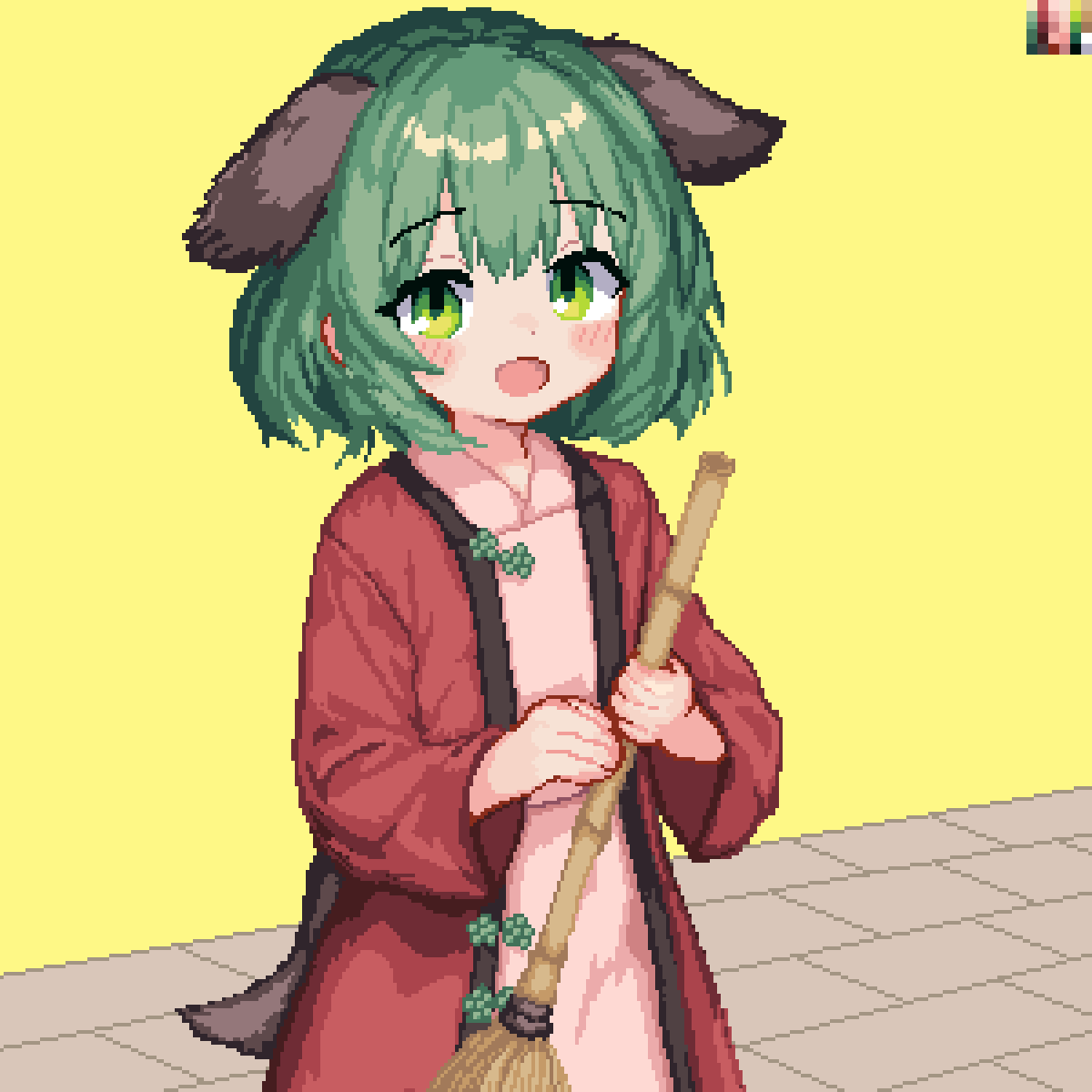 1girl, 999_(hansode), animal_ears, blush, broom, brown_dress, commentary, dog_ears