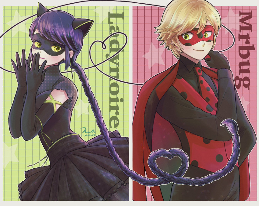 1boy, 1girl, adrien_agreste, animal_ears, black_gloves, black_mask, black_shirt, black_skirt