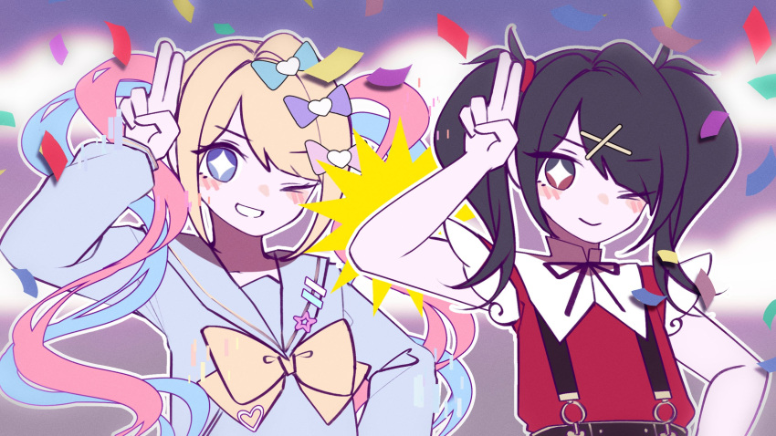 >_o, +_+, 2girls, ;d, ame-chan_(needy_girl_overdose), black_hair, black_ribbon, blonde_hair, blue_bow, blue_eyes, blue_hair, blue_shirt, blurry, blurry_background, bow, chouzetsusaikawa_tenshi-chan, collared_shirt, confetti, dual_persona, hair_bow, hair_ornament, hair_over_one_eye, hand_up, highres, long_hair, long_sleeves, looking_at_viewer, mesmerizer_(vocaloid), mika_(mika_tan002), multicolored_hair, multiple_girls, neck_ribbon, needy_girl_overdose, one_eye_closed, open_mouth, outline, parody, pink_bow, pink_hair, purple_bow, quad_tails, red_eyes, red_shirt, ribbon, sailor_collar, salute, shirt, smile, suspenders, twintails, two-finger_salute, upper_body, x_hair_ornament