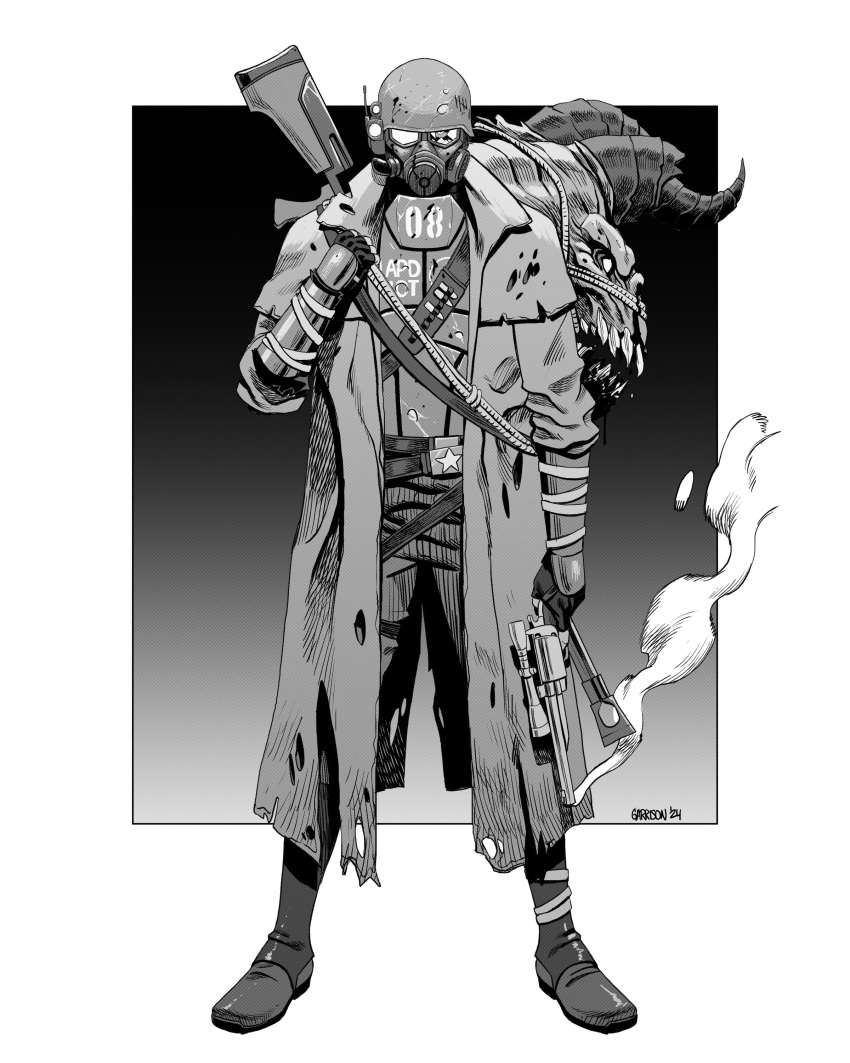 absurdres, anti-materiel_rifle, bandolier, belt, boots, border, broken_eyewear, courier_(fallout_new_vegas), deathclaw, decapitation, decomposedtaco, duster, english_text, fallout:_new_vegas, fallout_(series), fingerless_gloves, gas_mask, gloves, greyscale, gun, highres, looking_at_viewer, mask, monochrome, ncr_veteran_ranger, revolver, rifle, rope, signature, smoke, smoking_gun, sniper_rifle, star_(symbol), torn_clothes, vambraces, weapon, white_border