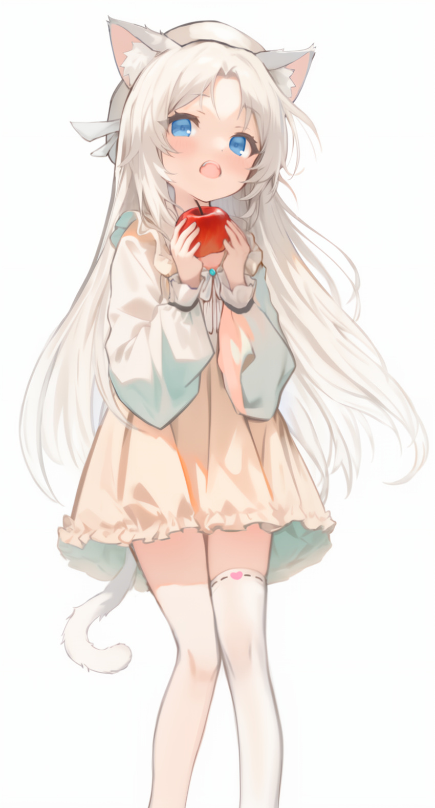 1girl, animal_ear_fluff, animal_ears, apple, beret, blue_eyes, cat_ears, cat_girl