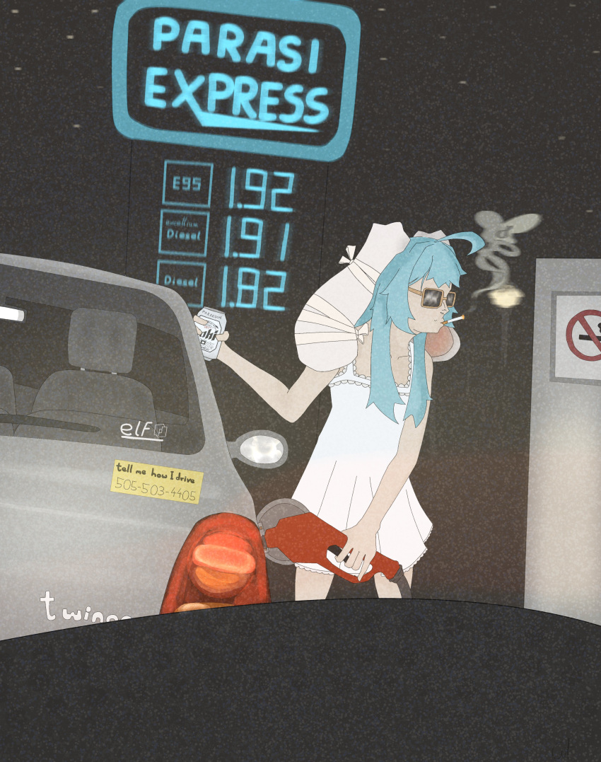 absurdres, ahoge, animal_ears, asahi_breweries, blue_hair, can, car, cigarette, cowboy_shot, dress, gas_station, highres, holding, holding_can, indie_virtual_youtuber, light_blue_hair, long_hair, lop_rabbit_ears, mathiasgolden, motor_vehicle, no_smoking, para_(vtuber), para_(vtuber)_(1st_costume), rabbit_ears, rabbit_girl, renault_twingo, sidelocks, smoking, sundress, sunglasses, very_long_hair, virtual_youtuber, white_dress
