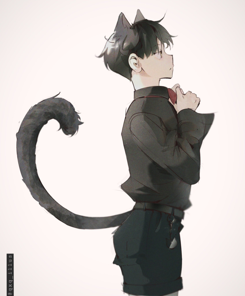 1boy, adjusting_bowtie, animal_ears, belt, bishounen, black_hair, black_shirt, black_shorts