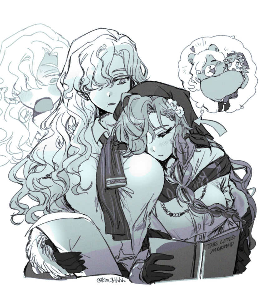 2girls, black_gloves, blonde_hair, blush, braid, breasts, flirting, gloves