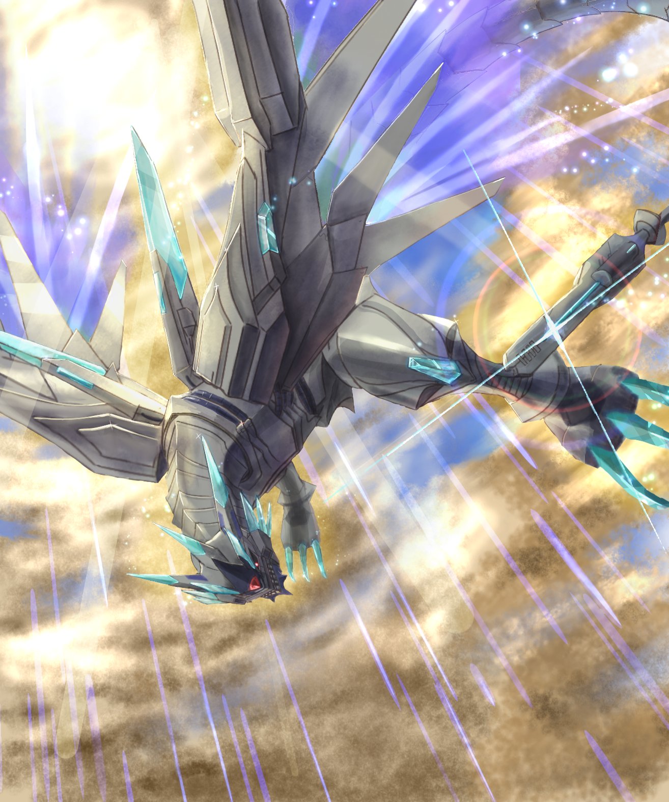 digimon, digimon_(creature), dragon, energy_wings, forehead_jewel, glint, highres, mechanical_wings