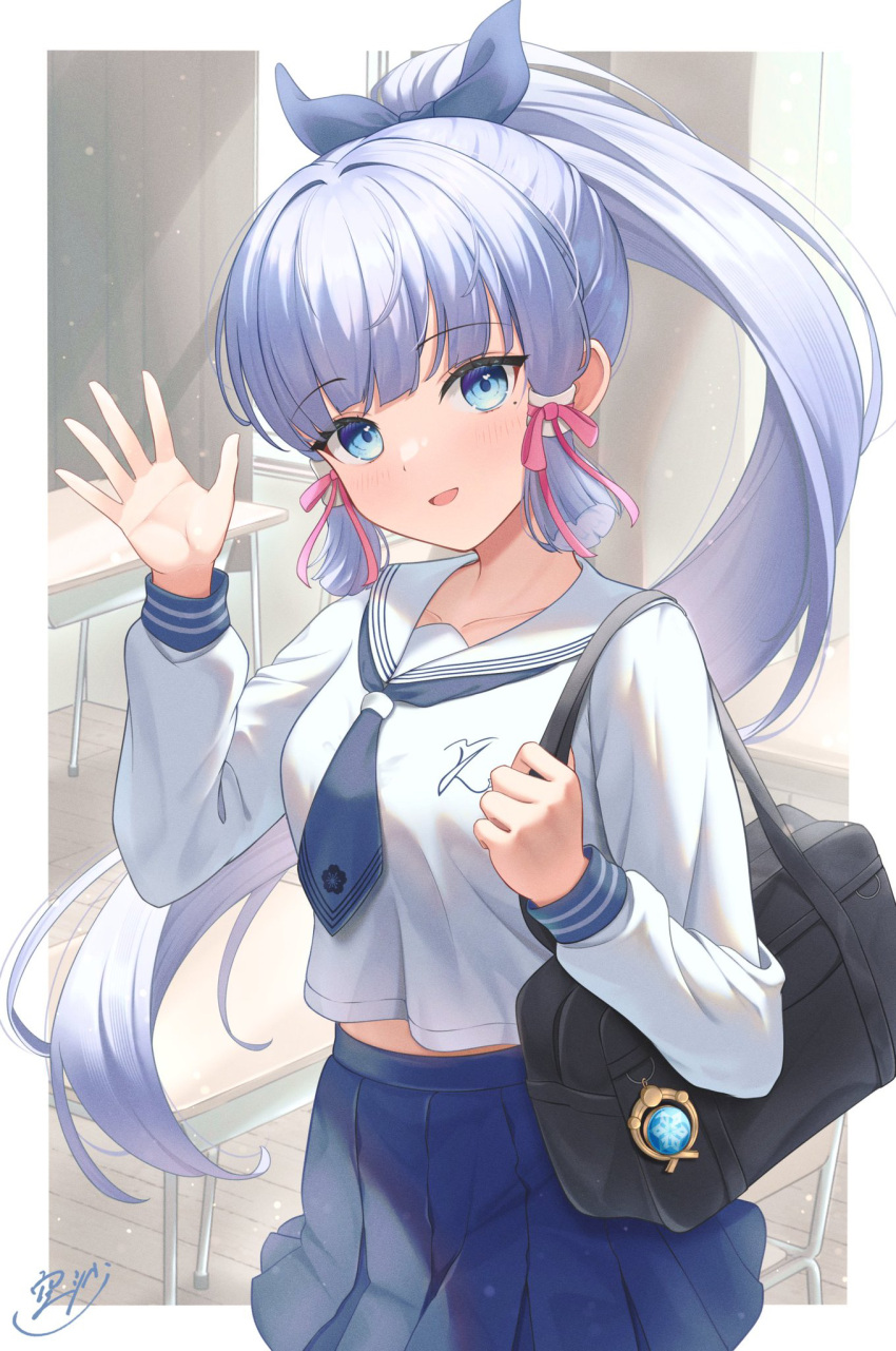 1girl, :d, alternate_costume, bag, blue_bow, blue_bowtie, blue_eyes, blue_hair