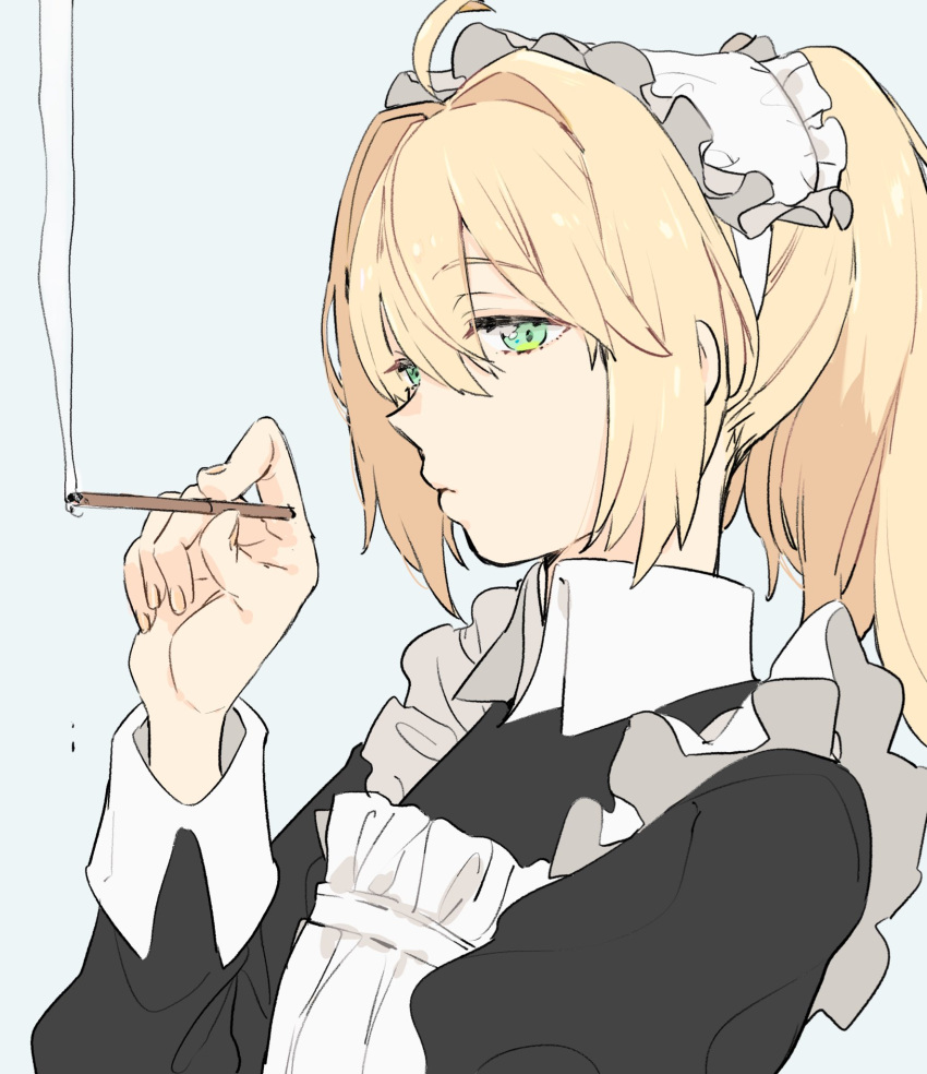 1girl, ahoge, alternate_costume, apron, black_dress, blonde_hair, cigarette, closed_mouth
