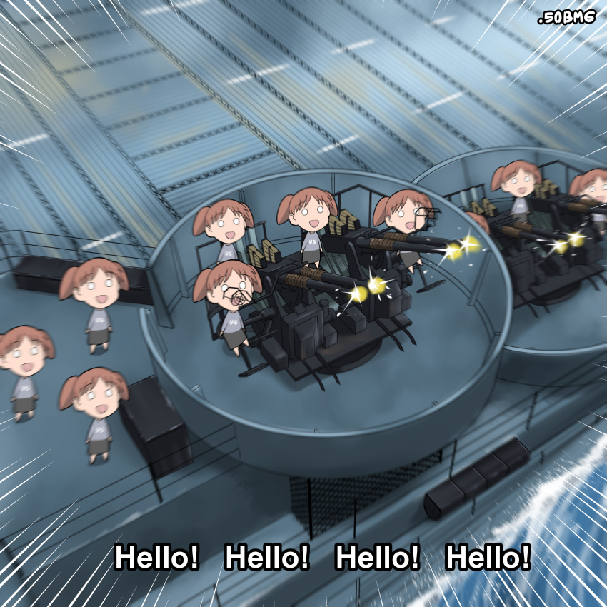 50bmg, 6+girls, :d, absurdres, aircraft_carrier, america_ya_(meme), artist_name, autocannon, azumanga_daioh, black_skirt, bofors_40_mm_gun, brown_hair, cannon, clone, commentary, emphasis_lines, english_commentary, english_text, firing, grey_shirt, highres, meme, mihama_chiyo, military_vehicle, multiple_girls, o_o, ocean, ship, shirt, sitting, skirt, smile, standing, twintails, vehicle_request, warship, watercraft, world_war_ii