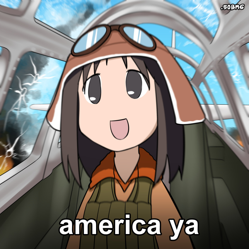 1girl, 50bmg, :d, absurdres, aircraft, airplane, america_ya_(meme), artist_name, aviator_cap, azumanga_daioh, black_eyes, black_hair, blue_sky, brown_hat, brown_jacket, cockpit, commentary, crack, cracked_glass, english_commentary, english_text, goggles, goggles_on_head, green_vest, hat, highres, jacket, japan, kasuga_ayumu, meme, military_uniform, open_mouth, pilot_suit, sky, smile, solo, uniform, vest, world_war_ii