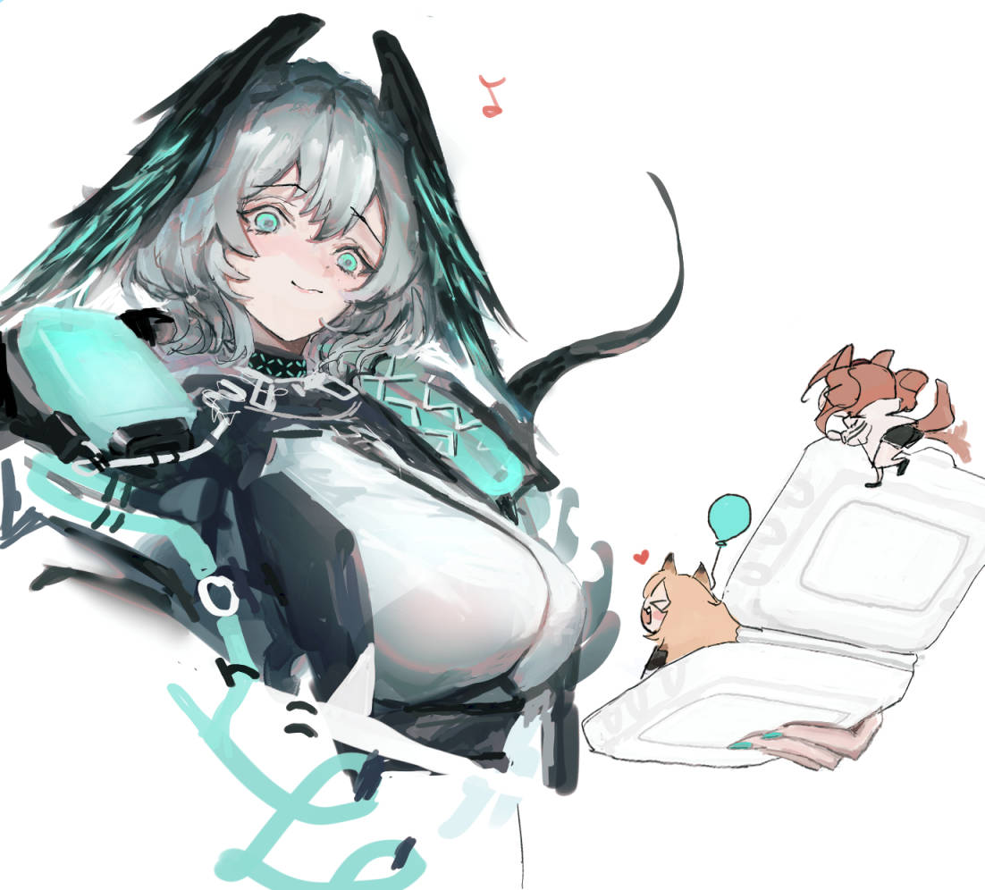 3girls, angelina_(arknights), arknights, balloon, blue_eyes, blue_feathers, blue_wings, breasts