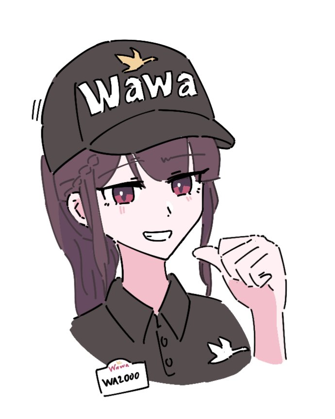 1girl, baseball_cap, black_baseball_cap, black_hat, black_shirt, blunt_bangs, braid, character_name, collared_shirt, commentary, english_commentary, girls_frontline, hand_up, hat, head_tilt, long_hair, maplenecktele, name_tag, open_mouth, parted_bangs, ponytail, purple_hair, shirt, sidelocks, simple_background, single_braid, smile, solo, teeth, violet_eyes, wa2000_(girls'_frontline), white_background