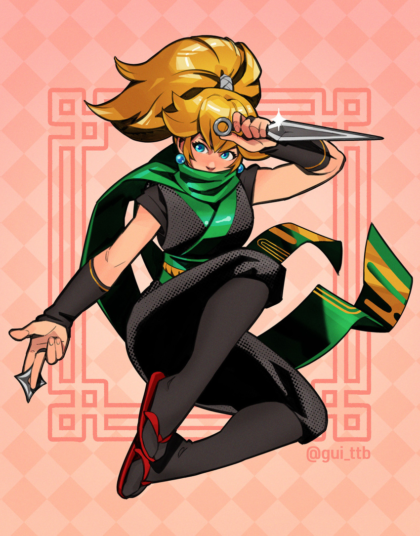 1girl, artist_name, blonde_hair, blue_eyes, covering_own_mouth, earrings, full_body, green_scarf