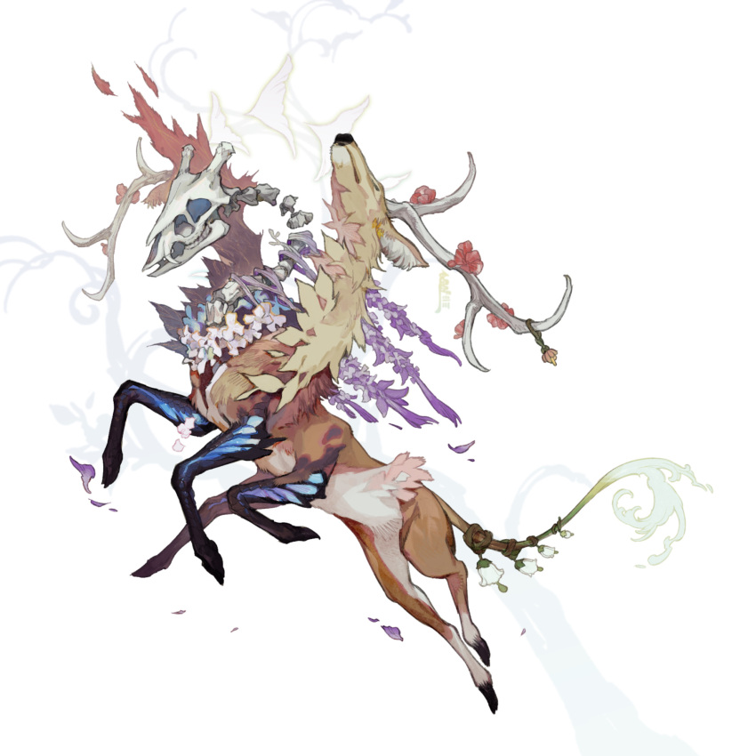animal_focus, antlers, bone, deer_antlers, flower, full_body, highres, hooves