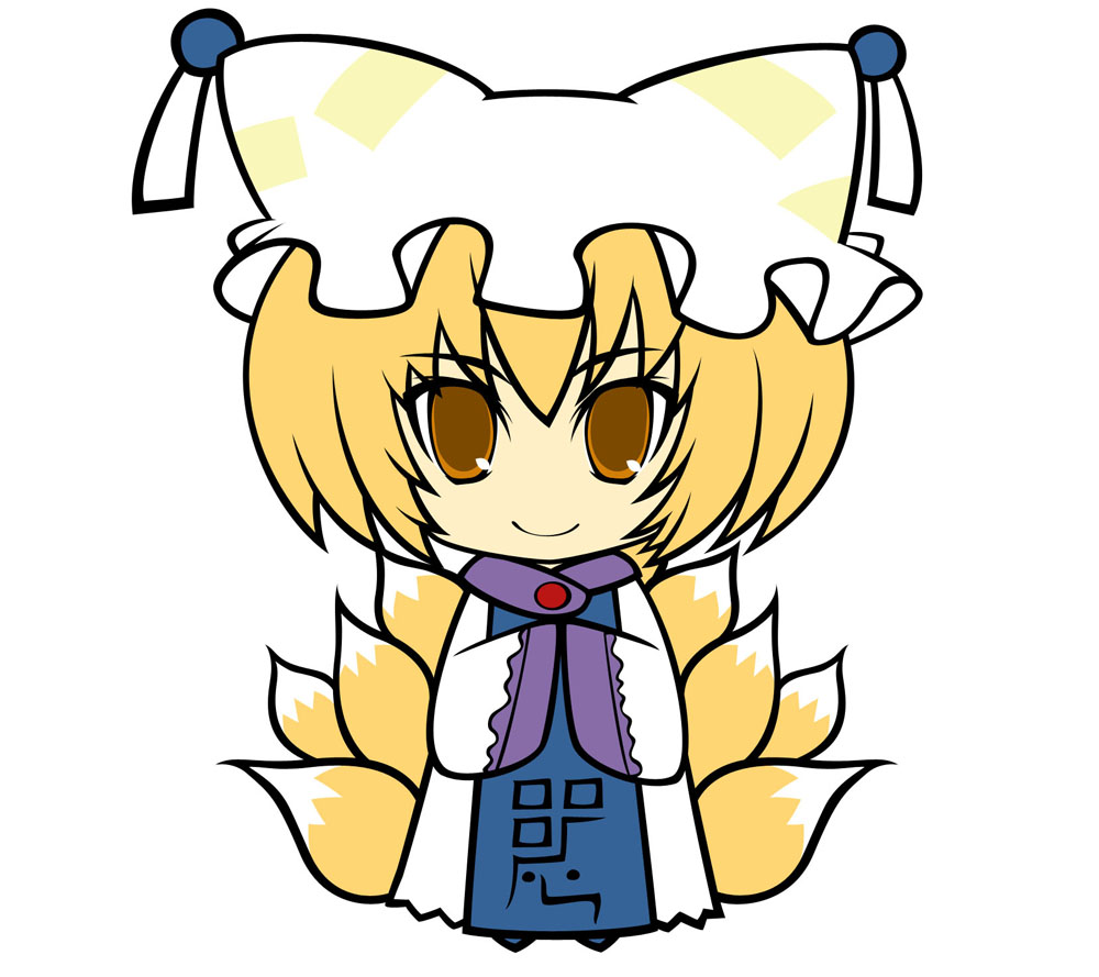 chibi, fox_tail, fox_tails, hat, multiple_tails, orange_eyes, sakuraba_(artist), solo