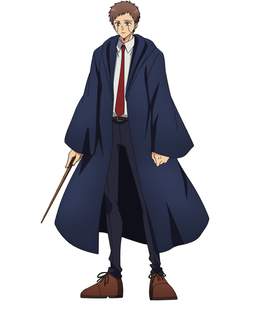 1boy, black_robe, brown_footwear, brown_hair, collared_shirt, facial_mark, full_body, highres