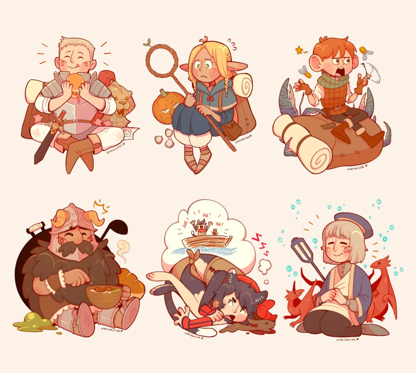 3boys, 3girls, animal_ears, armor, artist_name, backpack, bag, black_hair