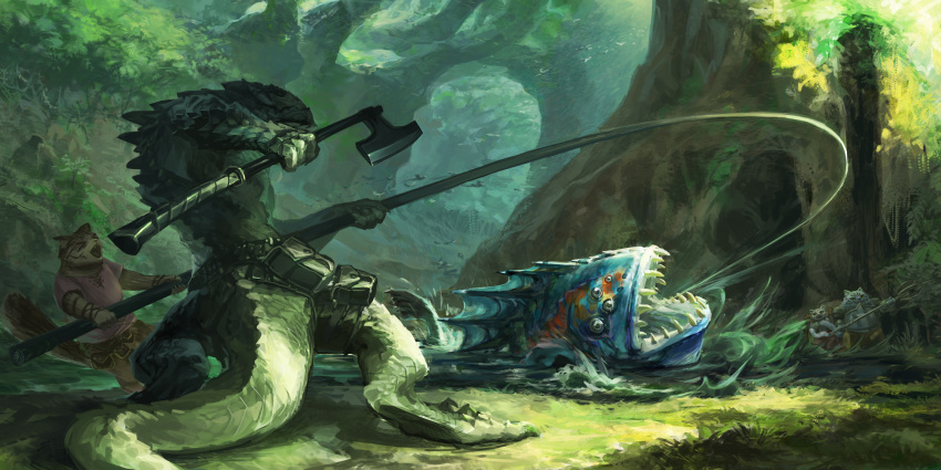 >_<, axe, cat, fantasy, fish, fishing, fishing_rod, forest