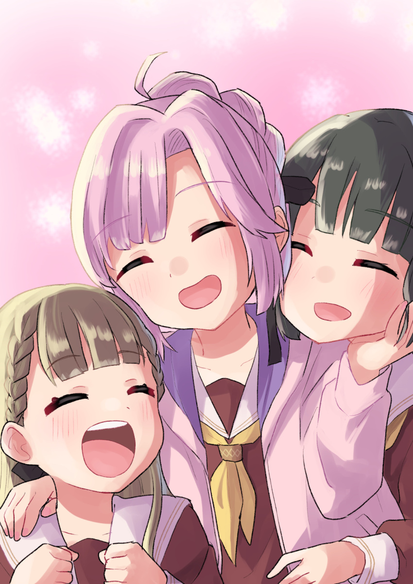3girls, ^_^, ahoge, anyoji_hime, black_hair, black_ribbon, blunt_bangs, blush