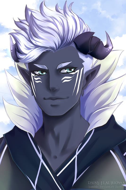 1boy, artist_name, black_horns, blue_eyes, colored_skin, daisy-flauriossa, dark-skinned_male, dark_skin