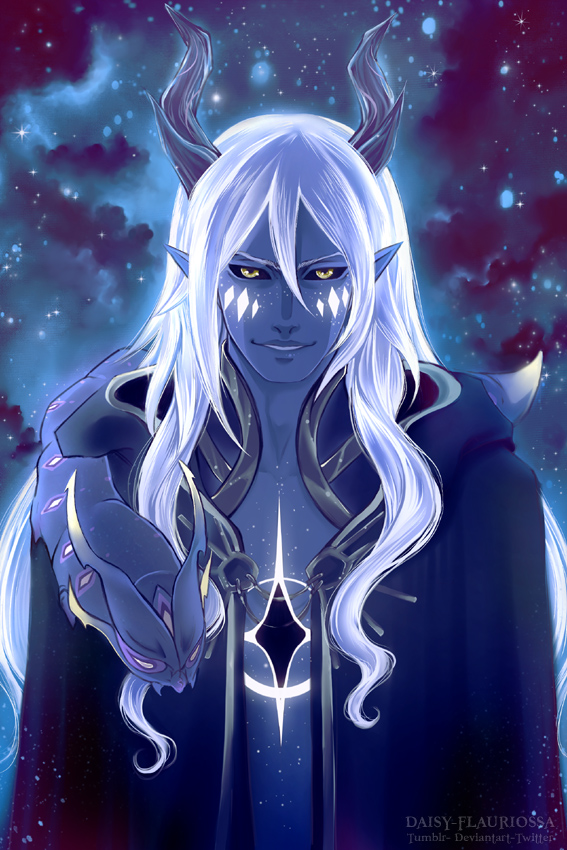 1boy, aaravos_(the_dragon_prince), artist_name, black_horns, black_sclera, colored_sclera, colored_skin, daisy-flauriossa