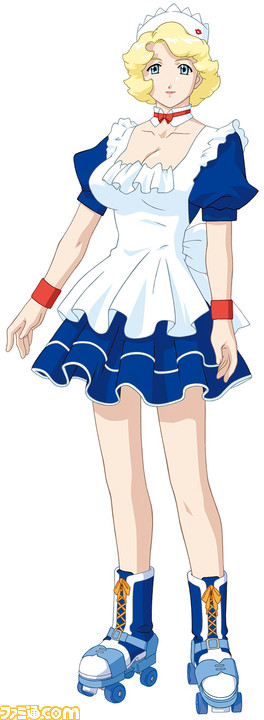 1girl, apron, artist_request, blonde_eyebrows, blonde_hair, blue_dress, blue_eyes, blue_sleeves