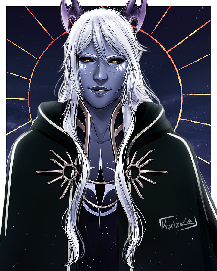 1boy, aaravos_(the_dragon_prince), artist_name, black_sclera, colored_sclera, colored_skin, crxsszeria, diamond_facial_mark, elf, gold_trim, grey_skin, hair_between_eyes, hood, hood_down, horns, long_hair, looking_at_viewer, male_focus, pointy_ears, solo, the_dragon_prince, upper_body, white_hair, yellow_eyes