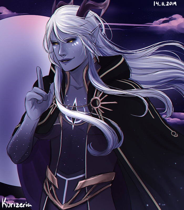 1boy, aaravos_(the_dragon_prince), artist_name, black_horns, black_sclera, cloak, colored_sclera, colored_skin