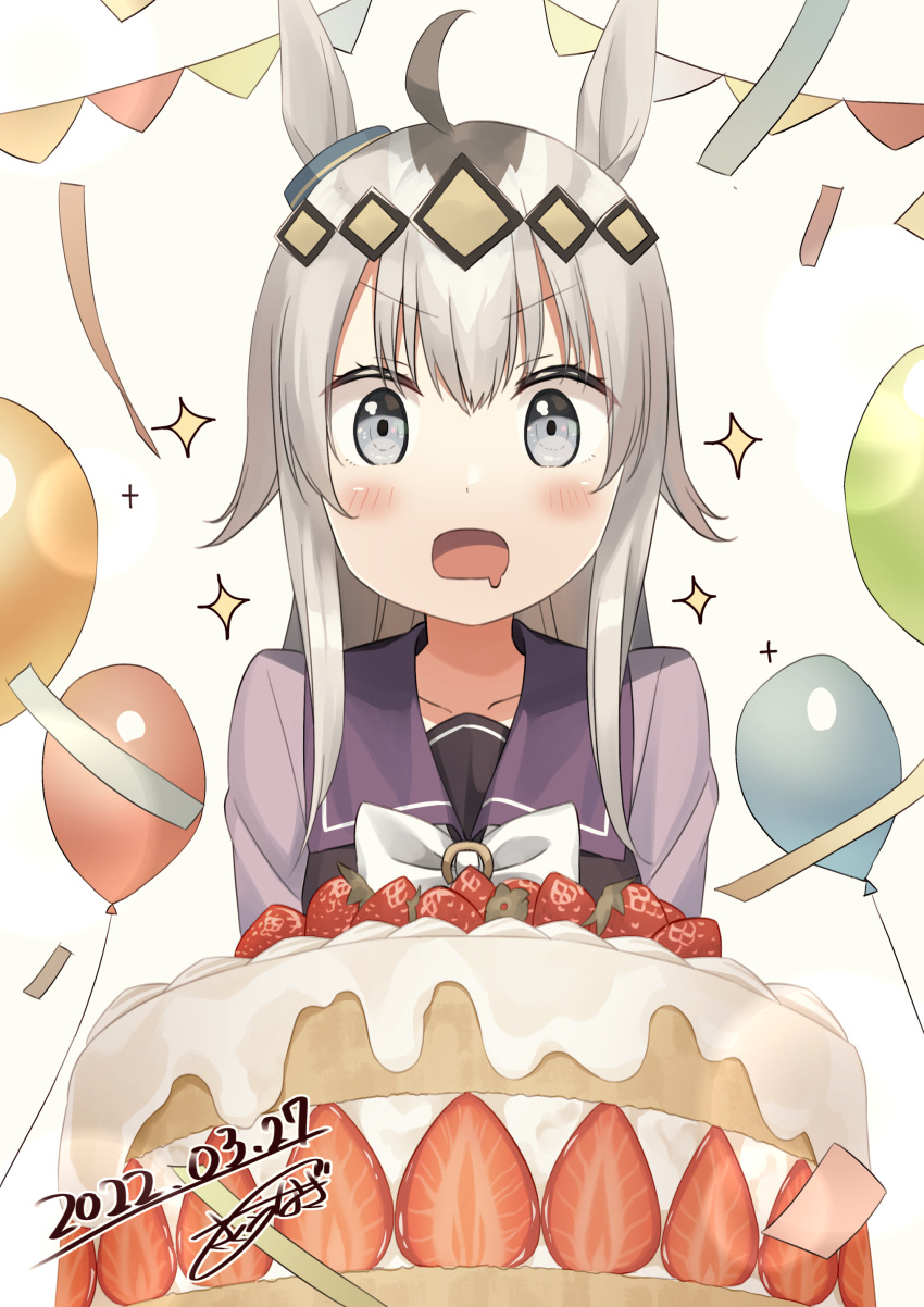 1girl, absurdres, ahoge, balloon, birthday, blush, cake, dated
