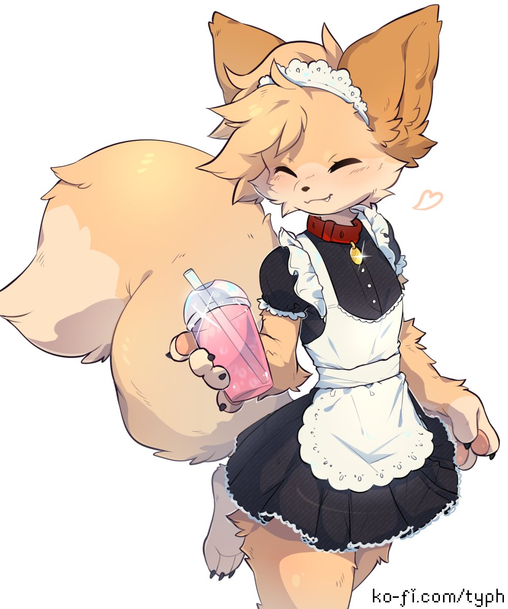 1girl, animal_collar, animal_ears, apron, barefoot, black_dress, blonde_hair, body_fur, claws, closed_eyes, collar, cup, disposable_cup, dress, drinking_straw, english_commentary, fang, fox_ears, fox_girl, fox_tail, furry, furry_female, heart, highres, holding, holding_cup, ko-fi_username, maid, maid_apron, maid_headdress, original, pawpads, puffy_short_sleeves, puffy_sleeves, short_dress, short_sleeves, simple_background, smile, solo, standing, standing_on_one_leg, tail, typh, web_address, white_background, yellow_fur