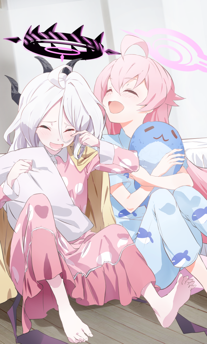 2girls, ahoge, barefoot, black_horns, black_wings, blue_archive, blue_pajamas, blush