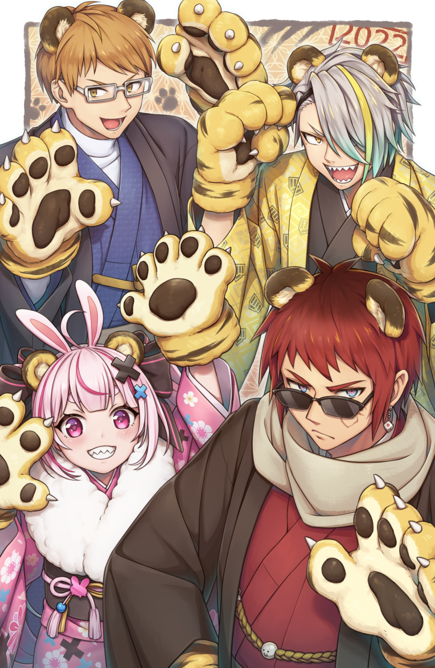 1girl, 2022, 3boys, animal_ears, animal_hands, arm_up, bans, black_kimono