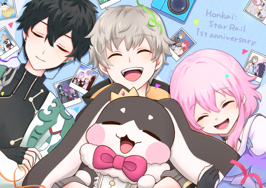 1girl, 1other, 2boys, animal_ears, anniversary, arlan_(honkai:_star_rail), asta_(honkai:_star_rail), black_choker, black_gloves, black_hair, black_jacket, black_shirt, blade_(honkai:_star_rail), blue_background, blue_jacket, bow, bowtie, bronya_rand, buttons, cable, caelus_(honkai:_star_rail), camera, choker, closed_eyes, closed_mouth, coat, confetti, constellation_print, crossed_arms, crown, dan_heng_(honkai:_star_rail), earrings, english_text, eyeshadow, fang, fangs, fingerless_gloves, firefly_(honkai:_star_rail), frills, fur_trim, gem, gepard_landau, gloves, grey_hair, hair_between_eyes, happy, highres, himeko_(honkai:_star_rail), honkai:_star_rail, honkai_(series), hood, hooded_jacket, hug, jacket, jewelry, jing_yuan, kafka_(honkai:_star_rail), long_sleeves, makeup, march_7th_(honkai:_star_rail), mini_crown, multiple_boys, open_clothes, open_coat, open_mouth, photo_(object), pink_bow, pink_bowtie, pink_gemstone, pink_hair, pom-pom_(honkai:_star_rail), rabbit_ears, red_eyeshadow, seele_(honkai:_star_rail), shadow, shirt, short_hair, sidelocks, silver_wolf_(honkai:_star_rail), simple_background, single_earring, skin_fang, skin_fangs, smile, teeth, tongue, trailblazer_(honkai:_star_rail), two-sided_fabric, two-sided_jacket, usata, welt_yang, white_coat, yanqing_(honkai:_star_rail), yellow_jacket