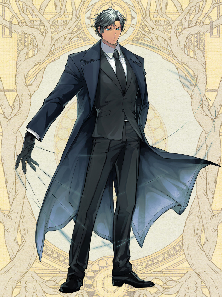 1boy, black_coat, black_footwear, black_hair, black_necktie, black_pants, black_suit, blue_eyes