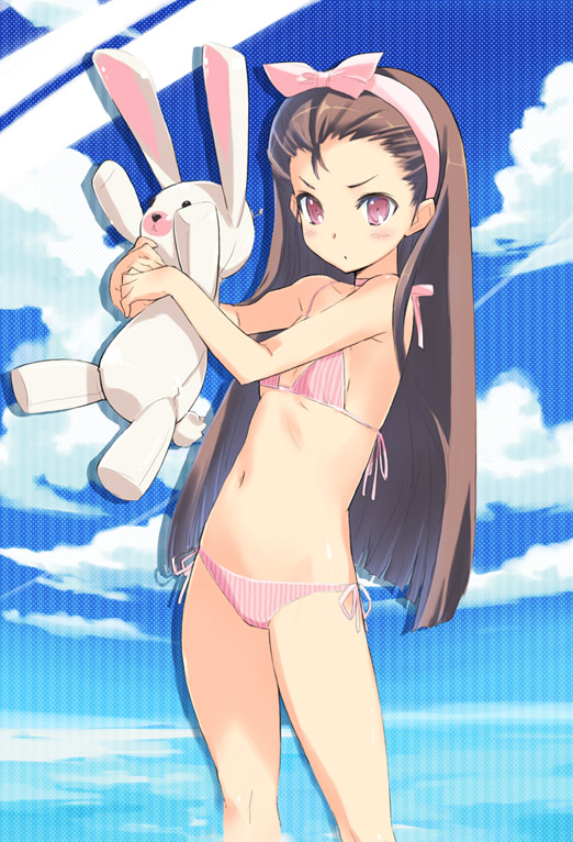 blush, bow, brown_hair, bunny, cloud, flat_chest, hair_ribbon, idolmaster