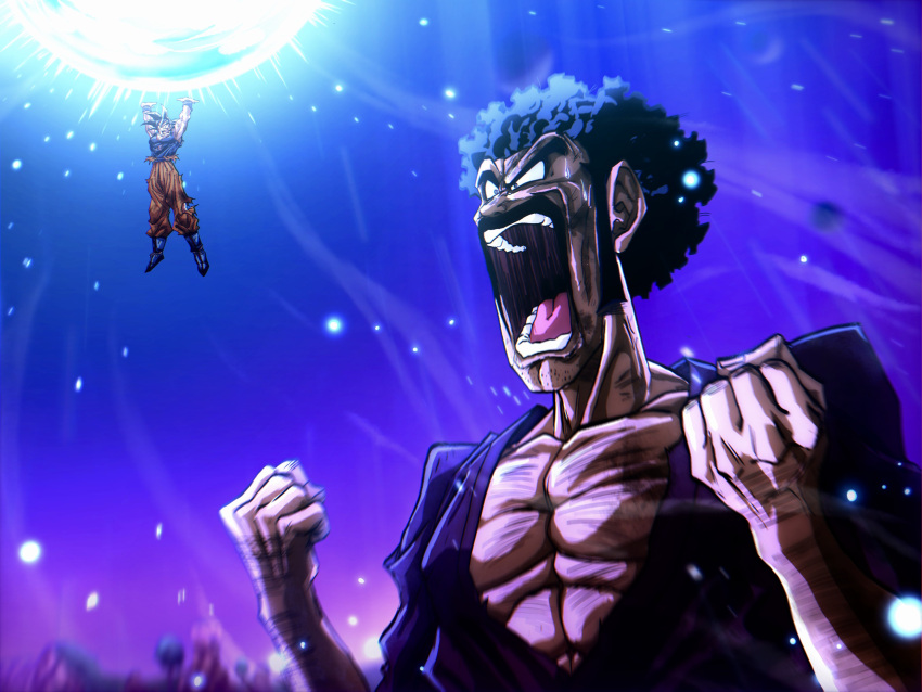2boys, absurdres, afro, black_eyes, black_hair, blue_shirt, blurry, blurry_background