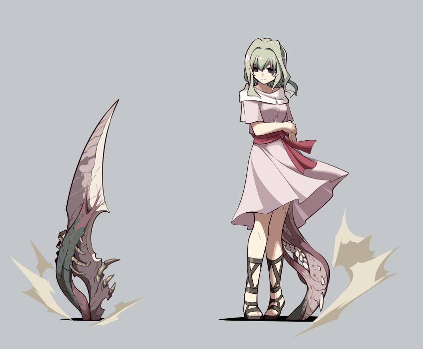 1girl, arthropod_girl, attack, black_eyes, devil's_hand_(ishiyumi), dress, full_body, gladiator_sandals