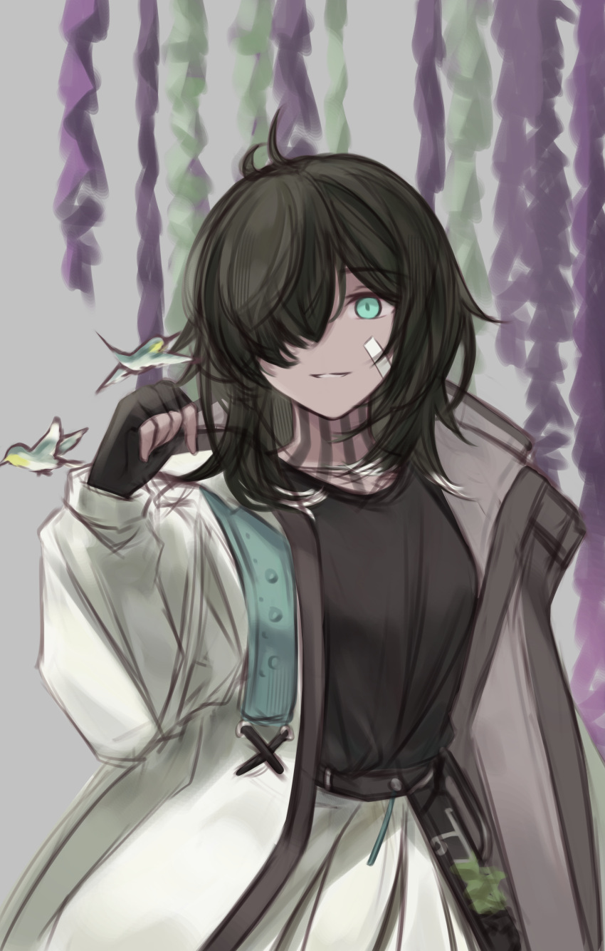 1girl, absurdres, animal, arknights, bandaid, bandaid_on_face, bird, black_gloves, black_hair, black_shirt, blue_eyes, commentary_request, dark-skinned_female, dark_skin, fingerless_gloves, flint_(arknights), flint_(gorgeous_flower)_(arknights), flower, gloves, green_bird, hair_over_one_eye, highres, hummingbird, jacket, kiwicci, long_hair, neck_tattoo, official_alternate_costume, parted_lips, shirt, skirt, solo, tattoo, white_jacket, white_skirt, wisteria