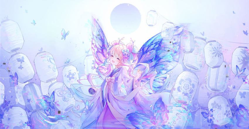 1girl, absurdres, blonde_hair, blue_background, blue_bow, blue_butterfly, blue_hair, blue_wings