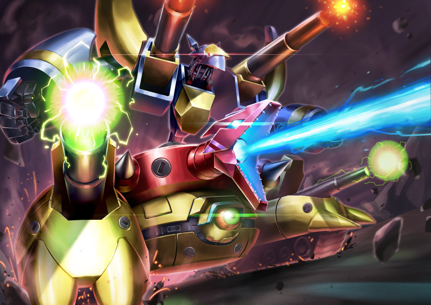 absurdres, cannon, debris, duel_monster, glint, highres, laser, matsumoto_(ma_tsuya), multiple_heads, no_humans, non-humanoid_robot, robot, robot_dragon, sharp_teeth, shoulder_cannon, teeth, xyz-dragon_cannon, yu-gi-oh!