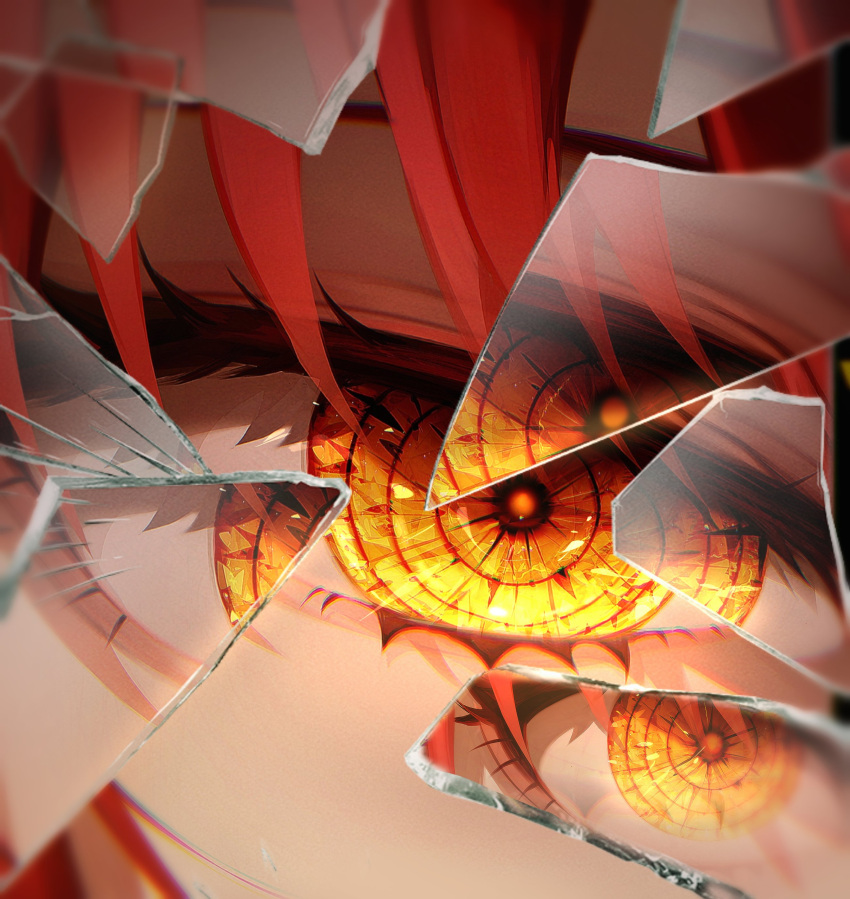 1girl, 58_(opal_00_58), absurdres, broken_glass, chainsaw_man, close-up, commentary, crystal_eye, english_commentary, eye_focus, glass, highres, looking_at_viewer, makima_(chainsaw_man), orange_eyes, redhead, reflection, sidelocks, solo