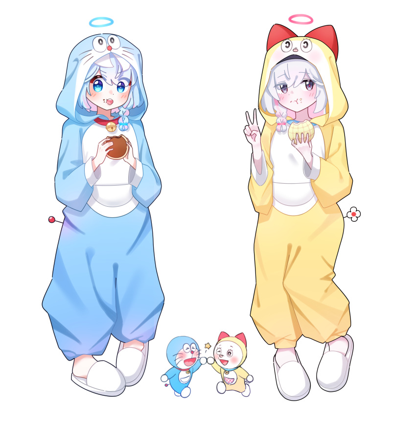 2girls, absurdres, arona_(blue_archive), blue_archive, blue_eyes, blue_hair, blue_halo, blush, braid, bread, character_costume, character_hood, chokkon, collar, commentary, doraemon, doraemon_(character), dorami, food, food_on_face, full_body, grey_eyes, hair_over_shoulder, halo, hands_up, highres, holding, holding_food, hood, hood_up, long_sleeves, looking_at_viewer, medium_hair, melon_bread, multiple_girls, pink_halo, plana_(blue_archive), simple_background, single_braid, slippers, standing, teeth, upper_teeth_only, v, white_background, white_footwear, white_hair